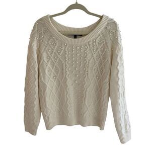 White House Black Market Cream Cable Knit Pearl Wool Sweater Women’s Size Medium